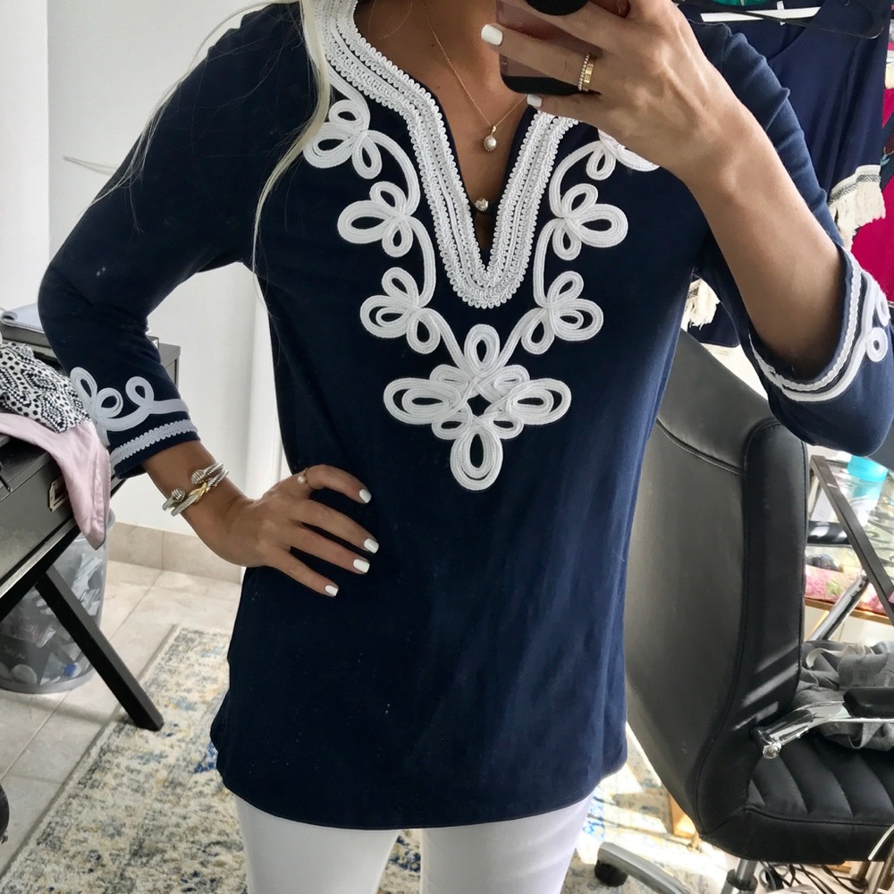 Navy and White Embroidered Top